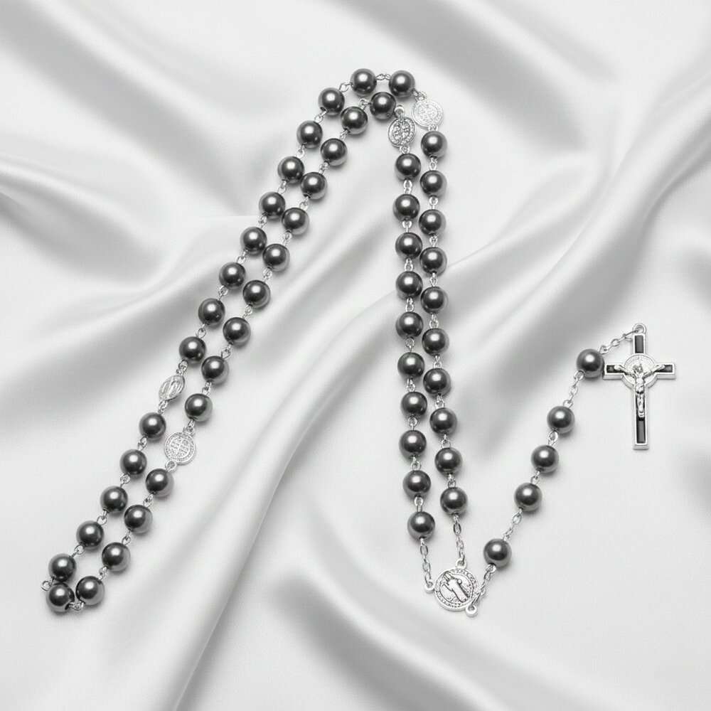 Hematite Beaded Catholic Rosary Prayer Crucifix Silver Tone Gothic Necklace NWOT - Picture 10 of 10